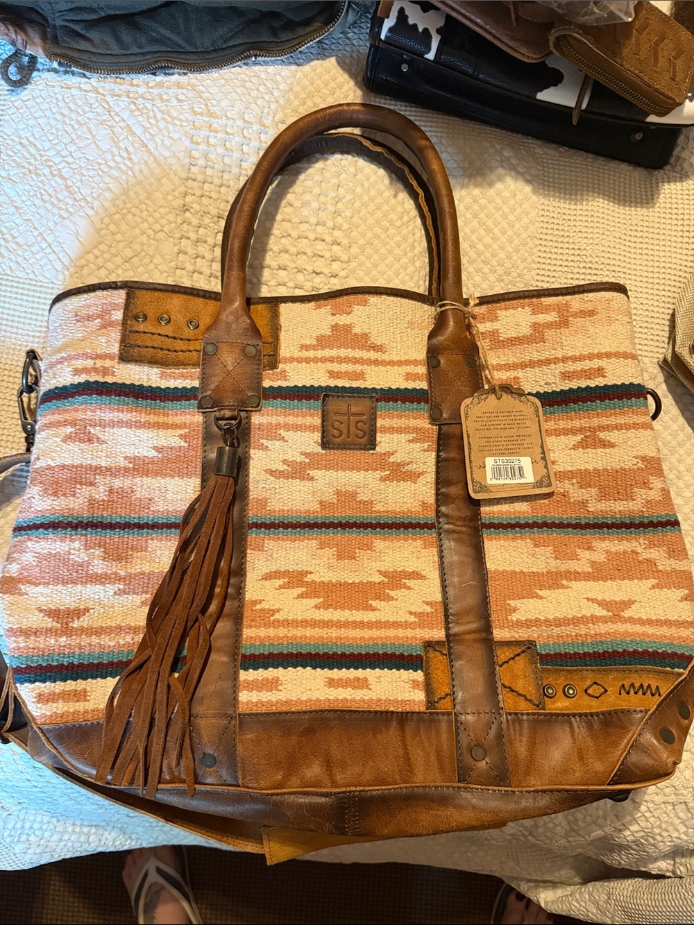 STS Ranchwear Tan and Peach Southwestern Tote with Tassel